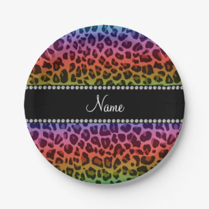 Personalised name rainbow leopard pattern paper plate