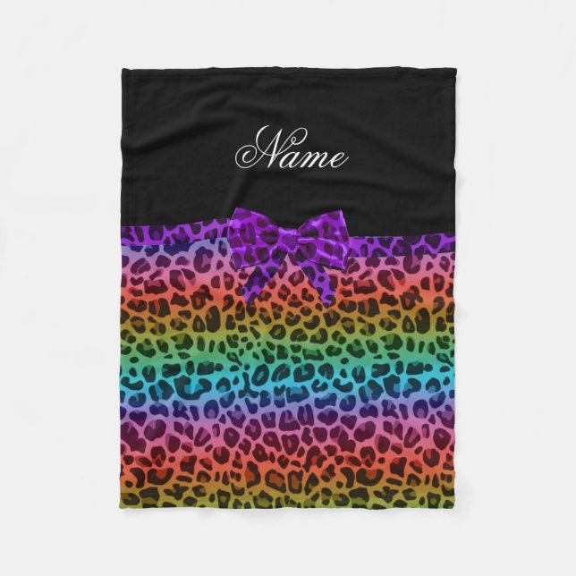 Personalised name rainbow leopard print purple bow fleece blanket (Front)
