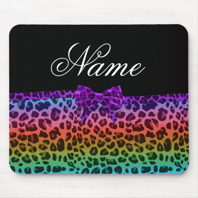 Personalised name rainbow leopard print purple bow mouse pad (Front)