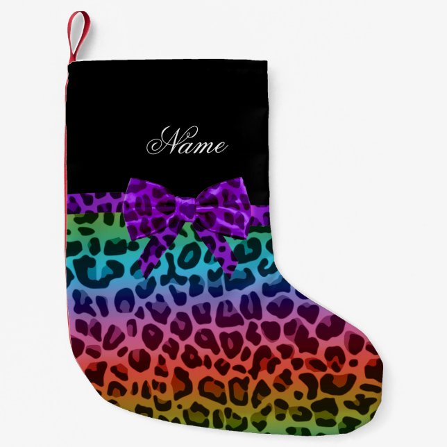 Personalised name rainbow leopard print purple bow small christmas stocking (Front)