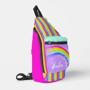 Personalised name rainbow purple kids school sling bag