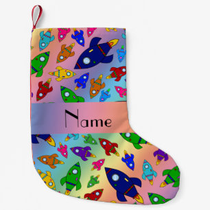 Personalised name rainbow rocket ships small christmas stocking