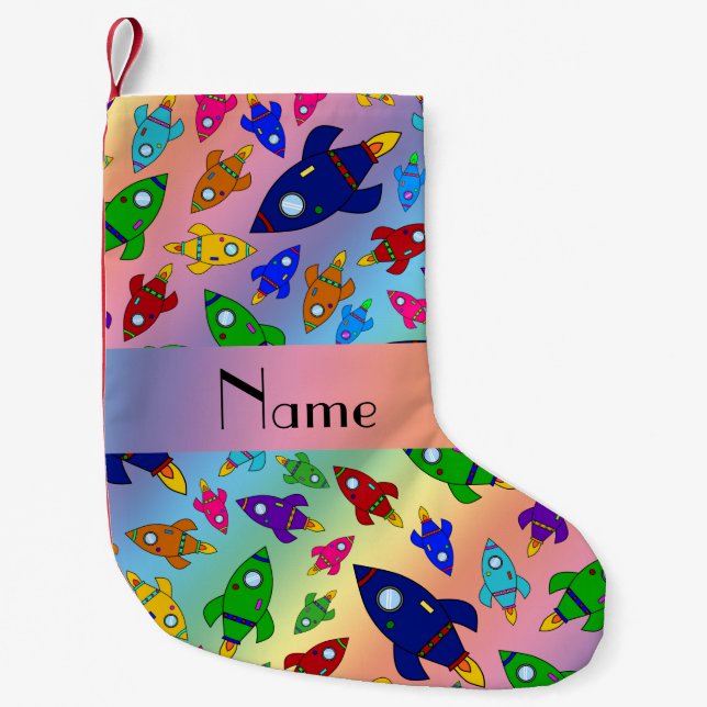 Personalised name rainbow rocket ships small christmas stocking (Front)