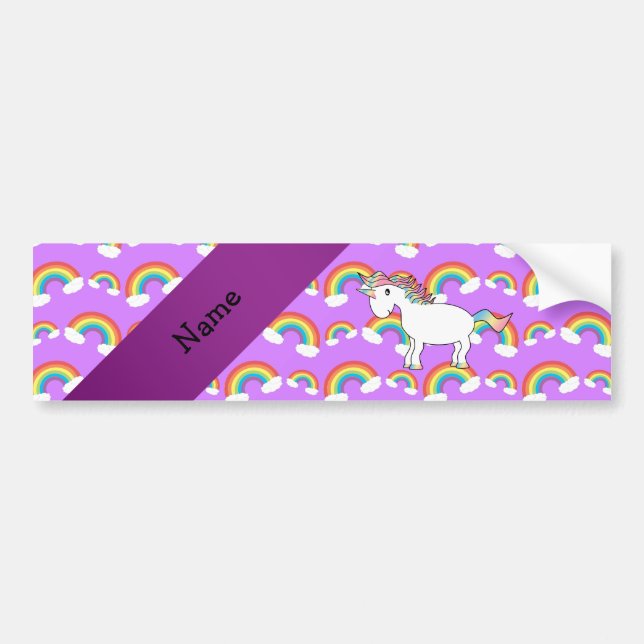 Personalised name rainbow unicorn purple rainbows bumper sticker (Front)