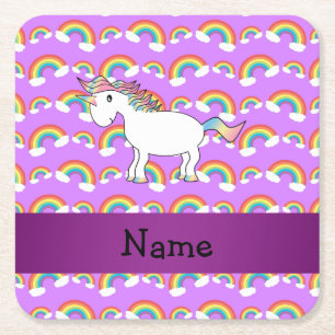 Personalised name rainbow unicorn purple rainbows square paper coaster