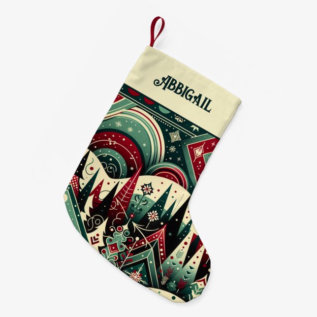 Personalised Name Red and Green Holiday Pattern Small Christmas Stocking (Front (Hanging))