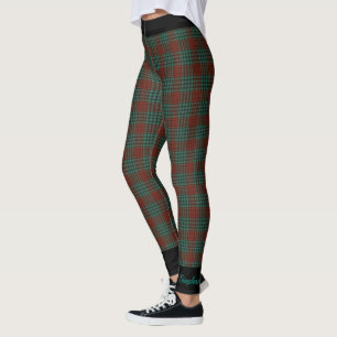 Personalised Name, Red and Teal Plaid, Black Trim Leggings