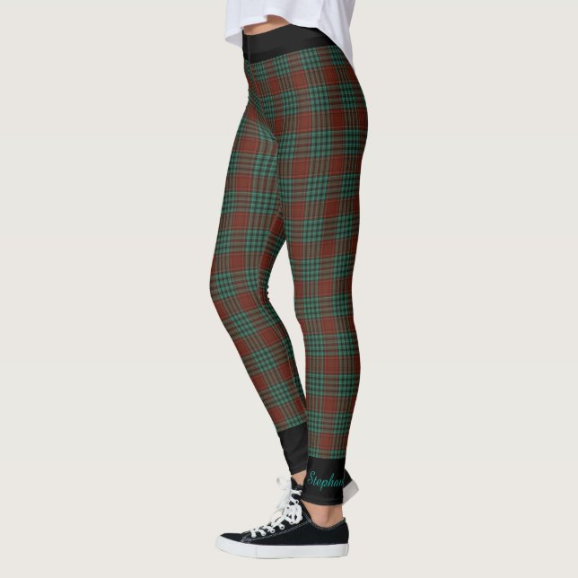 Personalised Name, Red and Teal Plaid, Black Trim Leggings (Left)