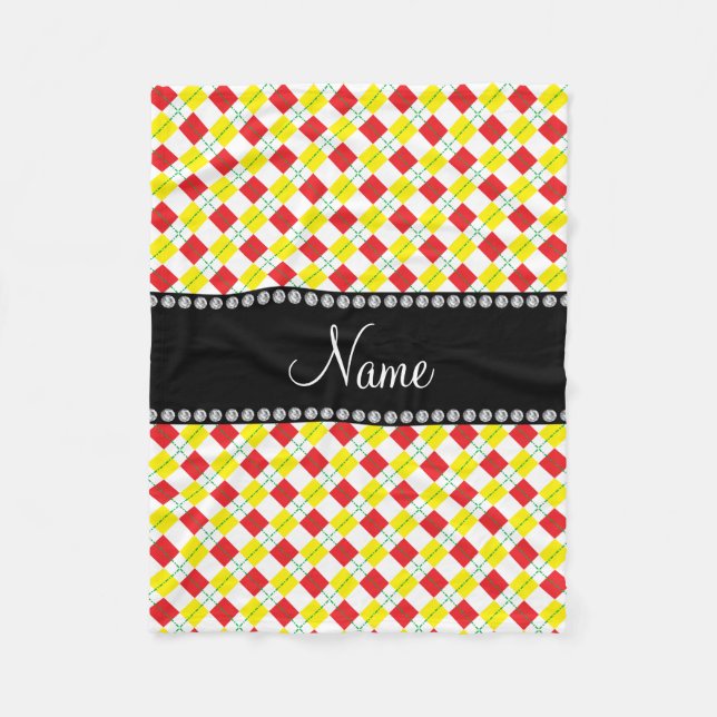 Personalised name red and yellow argyle fleece blanket (Front)