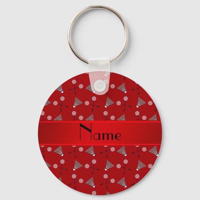 Personalised name red badminton pattern key ring (Front)