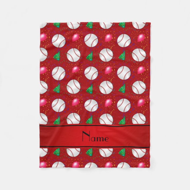Personalised name red baseball birthday pattern fleece blanket (Front)