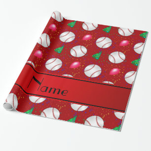 Personalised name red baseball birthday pattern wrapping paper