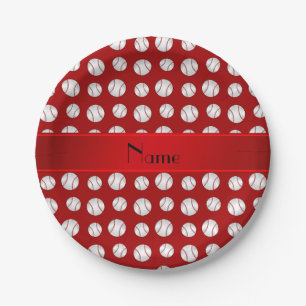 Personalised name red baseballs pattern paper plate