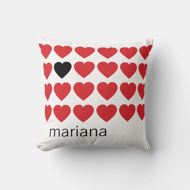Personalised Name Red Black Hearts Valentines Day Cushion (Front)
