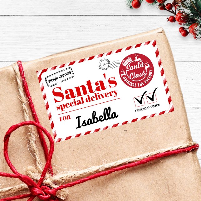 Personalised Name Red Bold Santas Special Delivery Rectangular Sticker (Personalized kids Name Red white modern Bold Santas Special Delivery stamps postage label sticker)