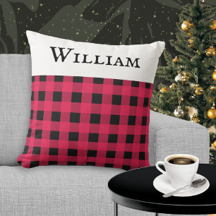 Personalised Name Red Buffalo Plaid Check Pattern Cushion