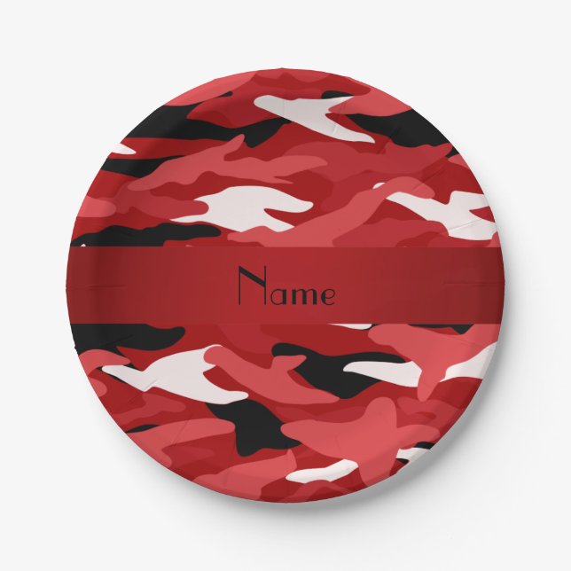 Personalised name red camouflage red stripe paper plate (Front)