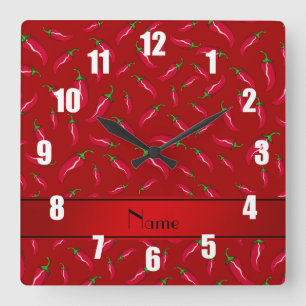 Personalised name red chilli pepper square wall clock
