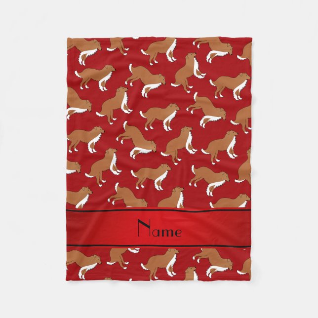 Personalised name red collie dog pattern fleece blanket (Front)