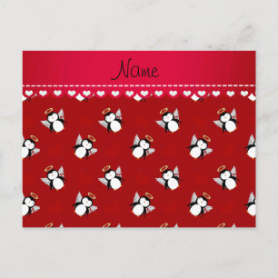 Personalised name red cupid penguins red hearts postcard