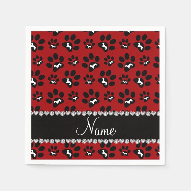 Personalised name red dachshunds dog paws napkin (Front)