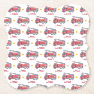 Personalised Name Red Fire truck Party Paper Coaster
