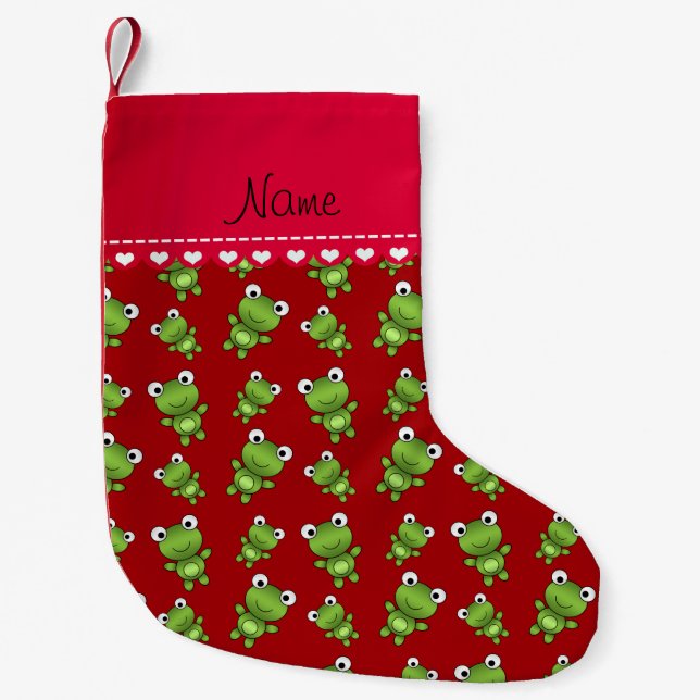 Personalised name red frogs small christmas stocking (Front)