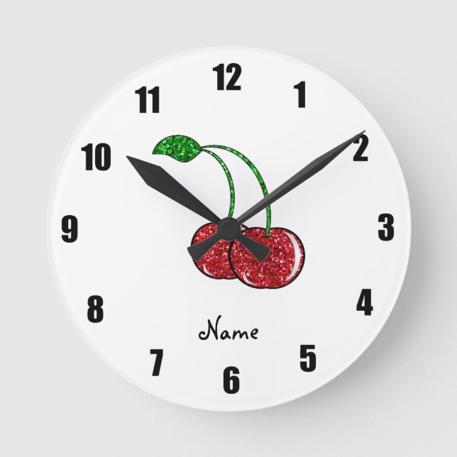 Personalised name red glitter cherry round clock (Front)