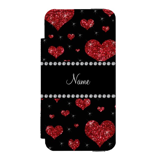 Personalised name red glitter hearts incipio iPhone wallet case (Folio Front)