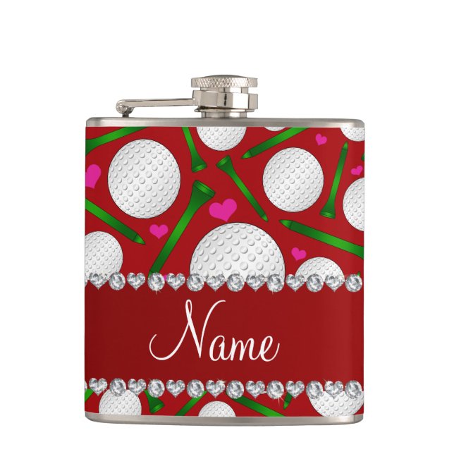 Personalised name red golf balls tees hearts hip flask (Front)