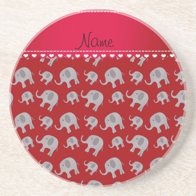 Personalised name red grey elephants coaster (Front)