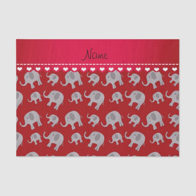 Personalised name red grey elephants tissue paper (Front)