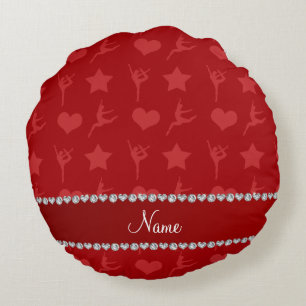 Personalised name red gymnastics stars hearts round cushion