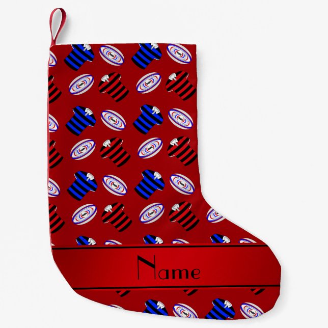 Personalised name red jerseys rugby balls small christmas stocking (Front)