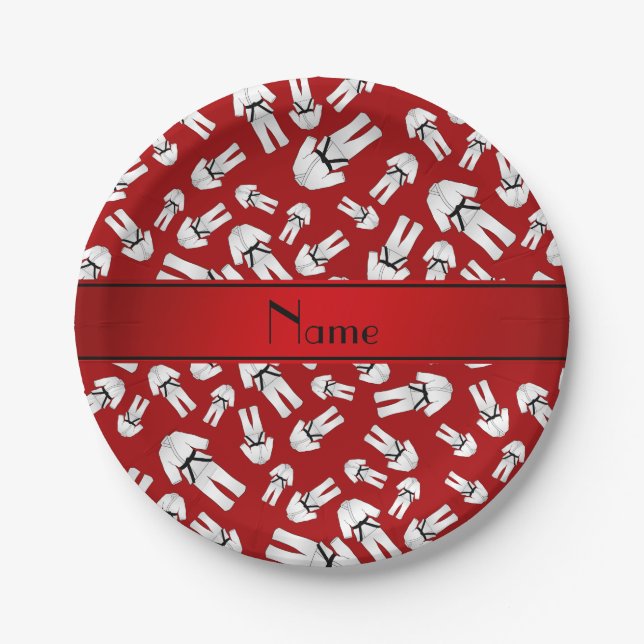 Personalised name red karate pattern paper plate (Front)