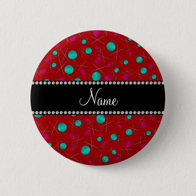 Personalised name red knitting pattern 6 cm round badge (Front)