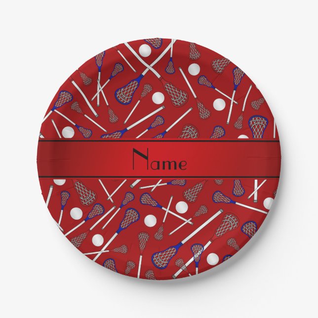 Personalised name red lacrosse pattern paper plate (Front)