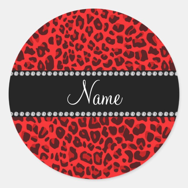 Personalised name red leopard pattern classic round sticker (Front)