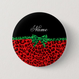 Personalised name red leopard print green bow 6 cm round badge