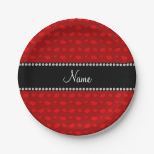 Personalised name red lips and hearts pattern paper plate