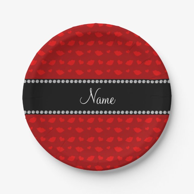 Personalised name red lips and hearts pattern paper plate (Front)