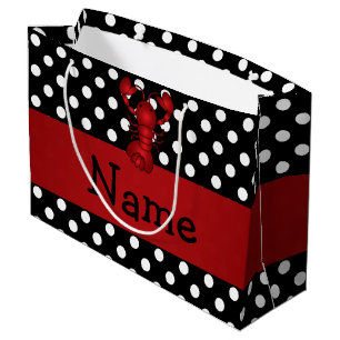 Personalised name red lobster black polka dots large gift bag