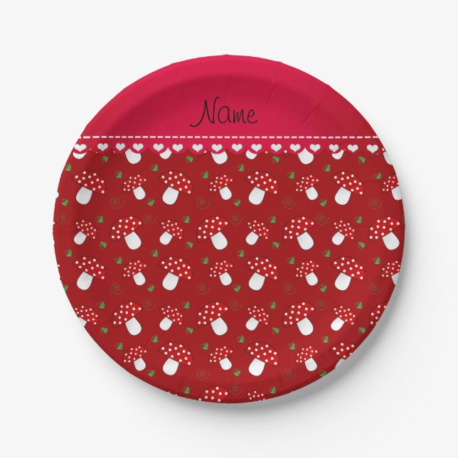Personalised name red mushrooms paper plate (Front)