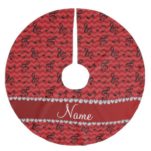 Personalised name red music notes chevrons brushed polyester tree skirt