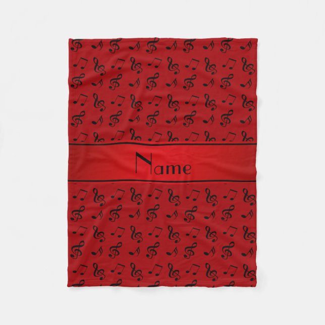 Personalised name red music notes fleece blanket (Front)