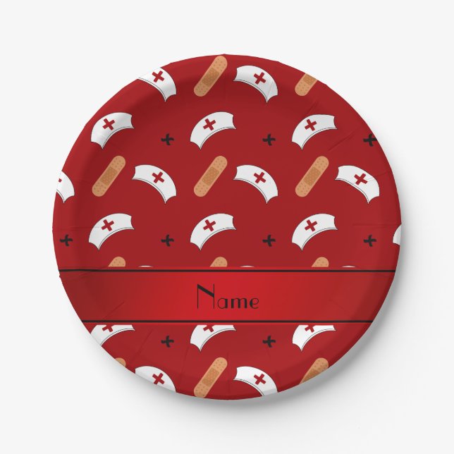 Personalised name red nurse pattern paper plate (Front)