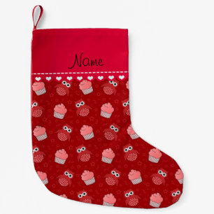 Personalised name red owl cupcakes stars pattern small christmas stocking