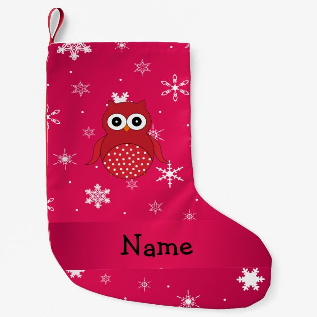 Personalised name red owl pink snowflakes small christmas stocking (Front)