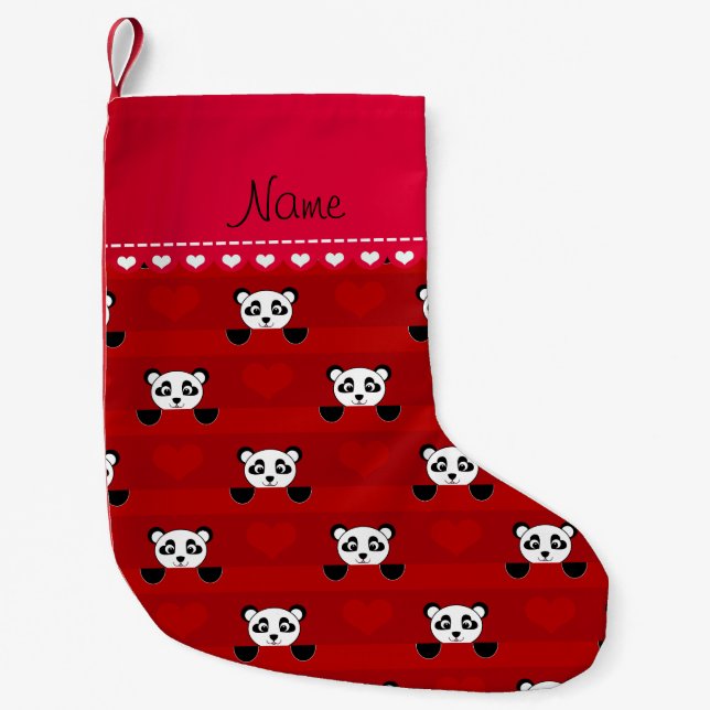 Personalised name red panda red heart stripes small christmas stocking (Front)