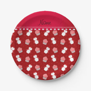 Personalised name red penguins cupcakes stars paper plate